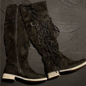 JustFab Black Over the Knee Fringe Boots